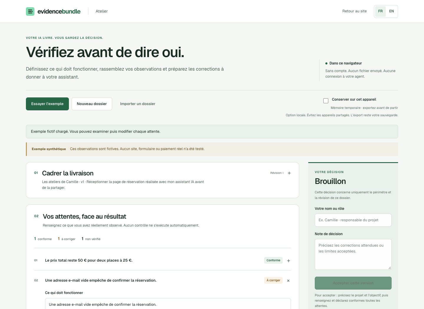 The EvidenceBundle workspace with a fictional landing-page review, criteria and recorded observations.